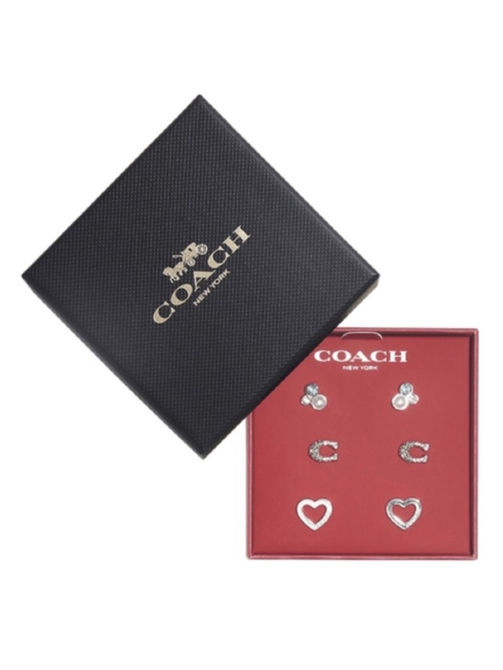 COACH Silver Crystal C Logo, Stone and Heart Earring Stud Set Trio Earrings NEW - Picture 1 of 4